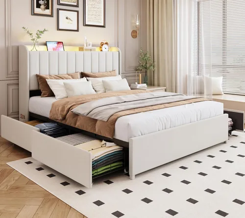 Marco de cama completa con 4 cajones y cabecera de almacenamiento, marco de cama de plataforma tapizada tamaño completo con luces LED y práctica