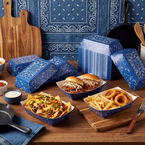 Miniatura 4 de Gejoy 120 platos de fiesta del oeste de 1 libra, platos de vaquero a granel, bandejas de papel para comida de Rodeo Cholo fiesta 250 aniversario Azul