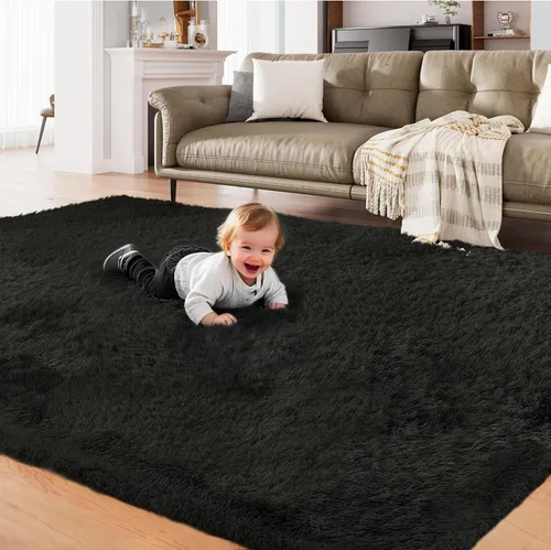 AMTOVO - Alfombras de pelo largo para sala de estar, alfombra de 8 x 10 pies, alfombra grande y esponjosa negra, alfombra de pelo suave para