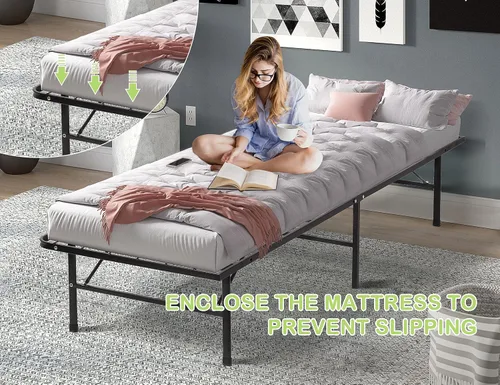 Miniatura 3 de Base de cama individual de 14 pulgadas de alto, plataforma de metal plegable con soporte de listones de acero, sin ruido, no necesita somier