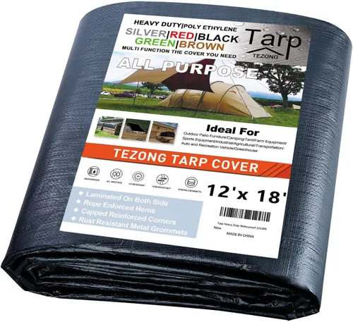 Miniatura 74 de Lonas resistentes impermeables de 4 x 5 pies, paquete de 2 lonas TEZONG negras de 0.472 in. de lona de plástico para exteriores para lluvia