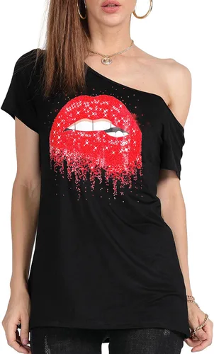 Miniatura 83 de MAGICMK - Camiseta casual para mujer, con estampado de labios y hombro descubierto, talla extragrande