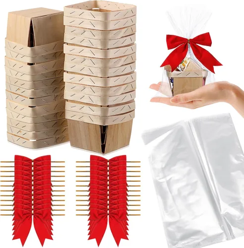 Miniatura 11 de Kigley Juego de 24 cestas de regalo de madera con bolsas de celofán y lazos, kit de mini cestas de bayas vacías para recoger frutas, graduación