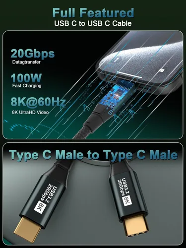 Miniatura 2 de Cable Corto USB C para Monitor 1 Pie - 8K@60Hz Cable de Video USB-C - Carga Rápida PD 100W - Transferencia de Datos USB 3.2 Gen 2 20Gbps, Cable