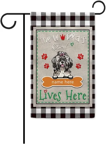 Miniatura 26 de The World's Best Dog Garden Flag Saint Bernard Dog Lives Here Bone Paw Buffalo Plaid Check 12.5x18 pulgadas Decoración exterior de patio de doble