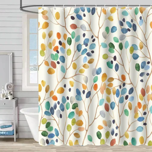 Cortina de ducha impermeable para baño, cortina de hojas florales coloridas para decoración de baño con 12 ganchos de cortina, 72 x 72 pulgadas