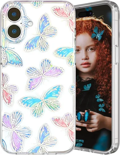 Miniatura 10 de Funda transparente con chispas brillantes para iPhone 15 Pro Max para mujeres y niñas, patrón de mariposas doradas, rosa y azul, funda protectora