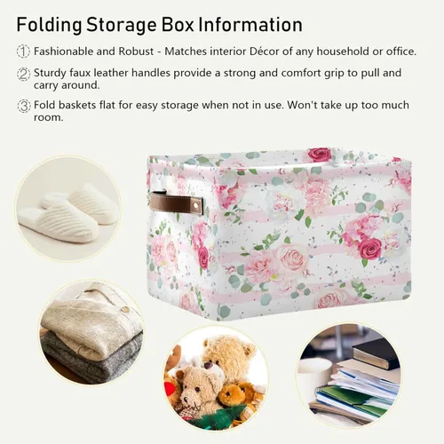Miniatura 5 de Cesta de almacenamiento plegable con asas de cuero, con estampado de flores florales, organizador para estante Bethroom, armario, oficina, hogar, 1