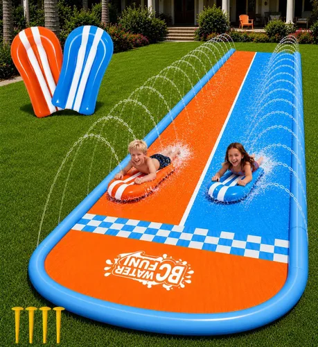 Tobogán acuático inflable con 2 tablas de bodyboard, toboganes de agua de 22.5 pies para patio trasero de niños, sistema de rociadores multivías