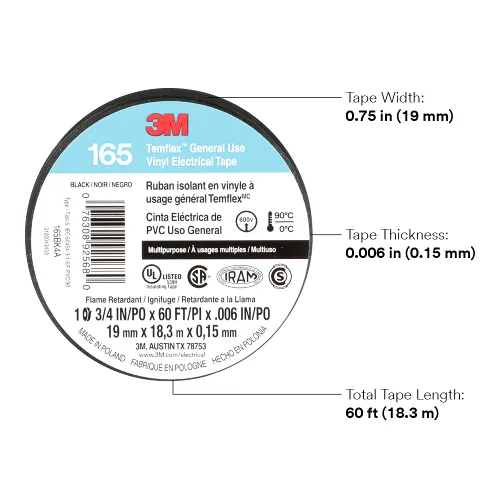 Miniatura 2 de 3M Temflex Cinta Eléctrica de Vinilo Multiusos 165, Negra, 3/4 pulg x 60 pies (19 mm x 18 m), Paquete de 10 Rollos Negro