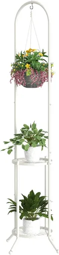Miniatura 9 de BMOSU Soporte para plantas con ganchos para interiores y exteriores, soporte alto de metal resistente de 3 niveles para plantas, para patio, jardín