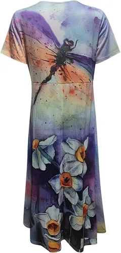 Miniatura 2 de QFVZHY Vestidos de verano 2023 para mujer, casual, a la moda, estampado floral, manga corta, cuello en V, vestidos con vuelo, tallas S-2XL