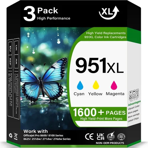 951XL - Paquete combinado de cartuchos de tinta de alto rendimiento compatibles para HP 951, cian, magenta, amarillo, 951XL, tinta de impresora a