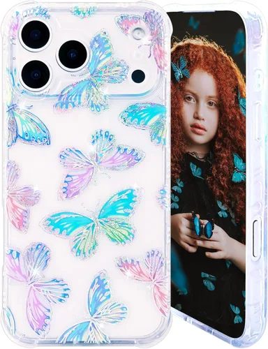 Miniatura 17 de Funda transparente con chispas brillantes para iPhone 15 Pro Max para mujeres y niñas, patrón de mariposas doradas, rosa y azul, funda protectora