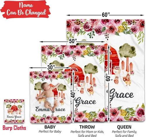 Miniatura 9 de Manta de bebé de granja personalizada, manta de bebé de animales de granja, manta de bebé floral, mantas florales para bebé, manta de bebé con Manta