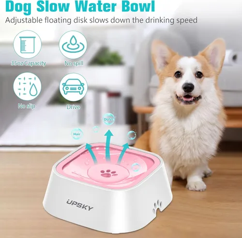 Miniatura 5 de UPSKY Cuenco antideslizante para beber lento, dispensador de mascotas sin derrames de 35 onzas para perros y gatos Rosa