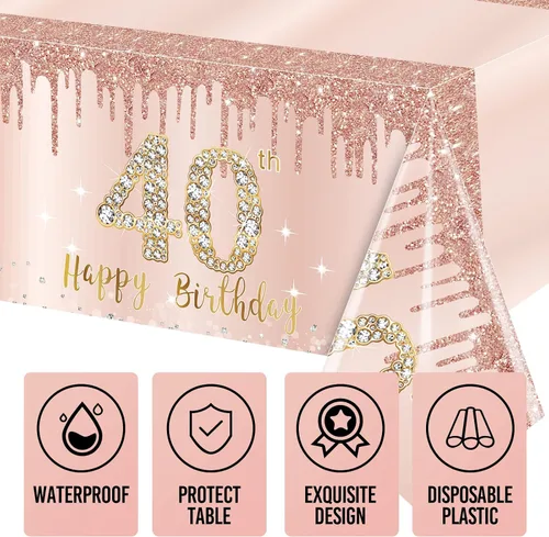 Miniatura 3 de 3 paquetes de mantel de cumpleaños número 40 rosa y dorado - mantel desechable de plástico rectangular para fiesta