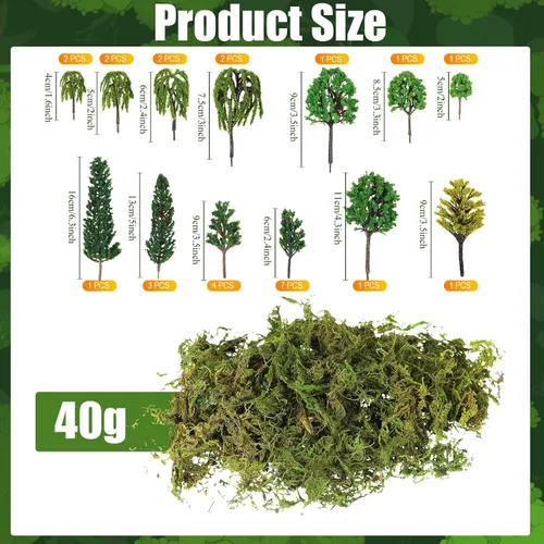 Miniatura 2 de Tigeen 28 piezas de árboles modelo mixto con 1.4 onzas de musgo verde sintético, decoración de tren de árbol, arquitectura de paisaje