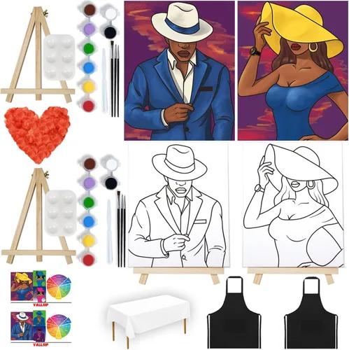 Miniatura 6 de VALLSIP Paquete de 2 lienzos de pintura y sorbos, lienzo predibujado para pintar para adultos, lienzo estirado para parejas, juegos de citas, noche