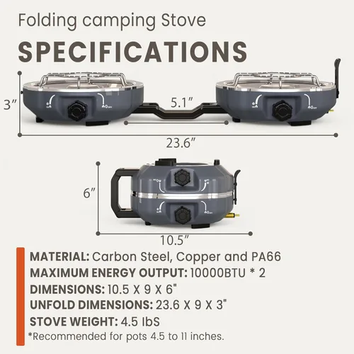 Miniatura 6 de Cofiyard Estufa de campamento de propano de 2 quemadores de 20,000 BTUs, estufa de campamento plegable portátil con quemadores ajustables, encendido