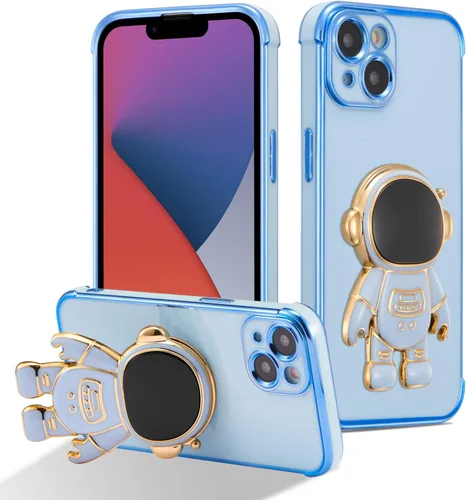 Miniatura 13 de RALEAVO Funda para iPhone 13, bonita funda de astronauta 6D con función de soporte, cubierta de enchapado de lujo, ajuste delgado, TPU suave, Púrpura