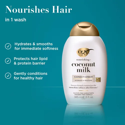 Miniatura 3 de OGX Acondicionador nutritivo + leche de coco, acondicionador hidratante y restaurador hidrata para cabello suave después del primer uso, sin