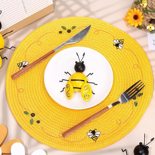 Miniatura 3 de Whaline 4 piezas de manteles redondos con diseño de abeja y girasol bordados, manteles florales para mesa de comedor en casa, para primavera
