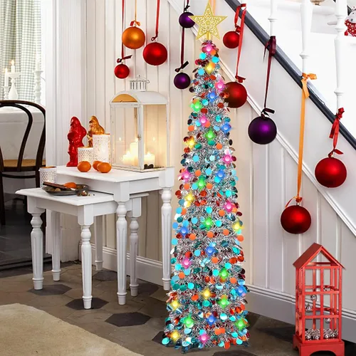 Miniatura 8 de RACPNEL Árbol de Navidad de oropel desplegable de 5 pies con luces LED, lentejuelas, adorno de árbol, árbol de Navidad plegable artificial