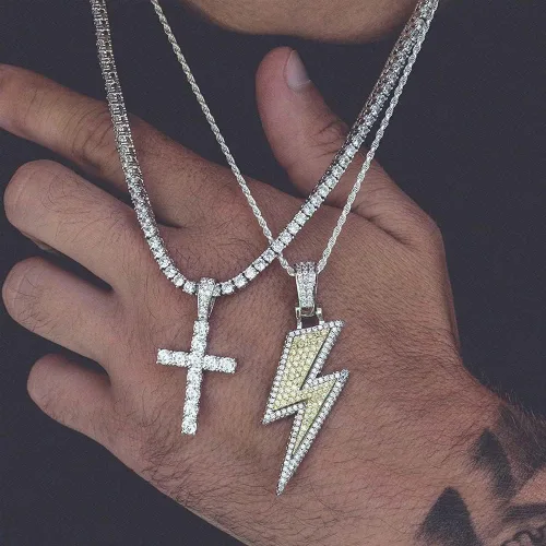 Miniatura 18 de JINAO Hip Hop - Colgante con diseño de rayo chapado en oro de 18 quilates con circonita cúbica con micropave de imitación de diamante para hombres