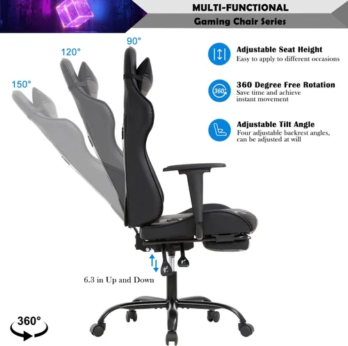 Miniatura 5 de Silla para videojuegos, silla reclinable de piel sintética con soporte lumbar, reposacabezas y respaldo alto, silla de oficina de carreras, silla