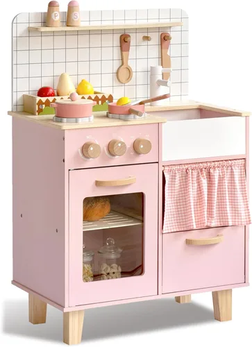 Cocina de juego de madera rosa con características realistas y accesorios, juguete de cocina de simulación para niños mayores de 3 años, regalo