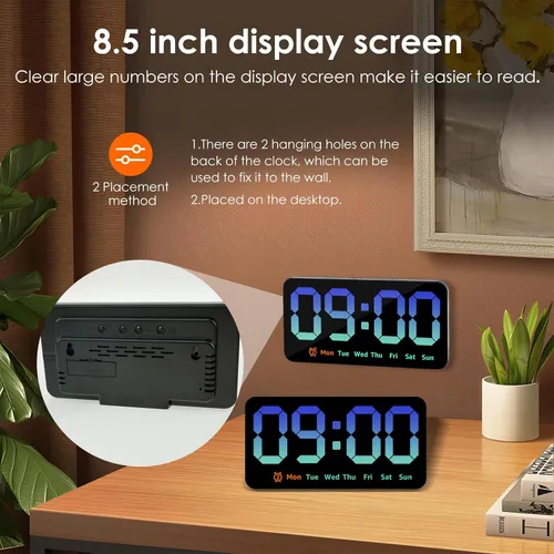 Miniatura 7 de Reloj de pared digital con atenuador de brillo de pantalla grande, reloj de pared digital LED con pantalla RGB, pequeño reloj de pared para sala