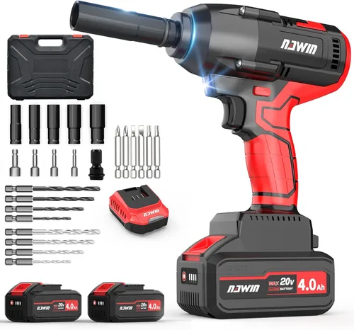Llave de impacto inalámbrica NAWIN, pistola de impacto de 1/2, 450 pies-libra (600N.m), motor sin escobillas, batería de 2×4.0Ah, llave de impacto