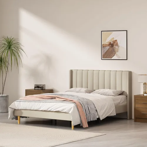 Miniatura 37 de Base de cama Queen con cabecero, base de cama de plataforma con respaldo de terciopelo vertical copetudo, soporte de listones de madera, no necesita