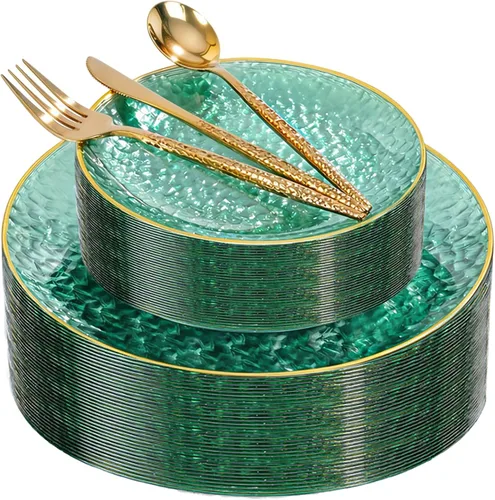 Miniatura 10 de I00000 150 platos de plástico azul transparente con borde dorado, platos desechables azules, juego de platos desechables con patrón de martillo