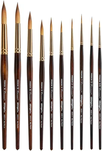 KINGART 1010C Premium 10 Pc. / Tamaños Finesse Serie 8020 Ultra Round Juego de pinceles para acuarela, mezcla sintética Kolinsky Sable, mango corto