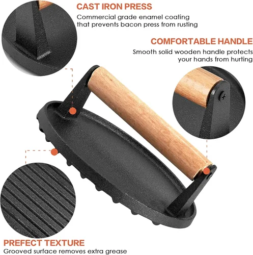Miniatura 3 de HaSteeL Prensa de parrilla de hierro fundido individual, prensa de hamburguesa de tocino resistente de 7 pulgadas con mango de madera, prensa