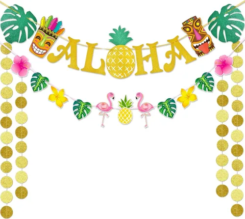 WERNNSAI Pancarta hawaiana de Aloha para fiestas, flamenco, piña, tiki, tropical, Luau, suministros de fiesta, recuerdos, grande, dorado, brillante,