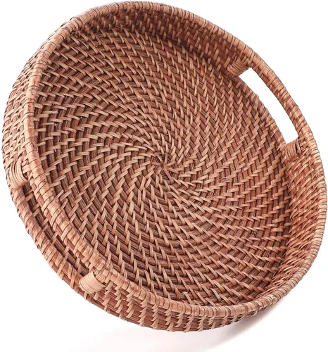 Miniatura 9 de HITOMEN Bandeja de mimbre redonda tejida a mano de 11.8 pulgadas con asas para mesa de café (marrón cálido-M)