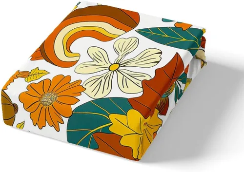 Miniatura 5 de Juego de sábanas ajustadas estilo 70s hippie retro para cama individual, juego vintage de otoño con hojas florales para niños y niños, juego de ropa