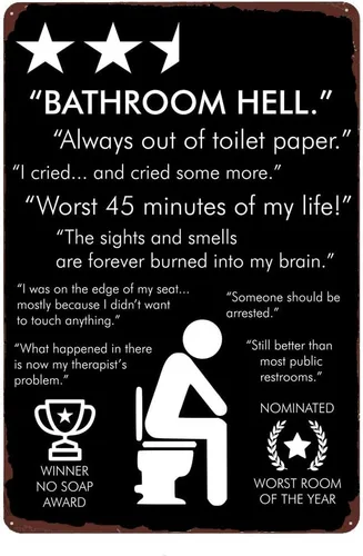 Letrero de metal vintage con textos en inglés «Bathroom Hell» , «Worst Room of The Year», «Always Out of Toilet Paper», decoración de pared para