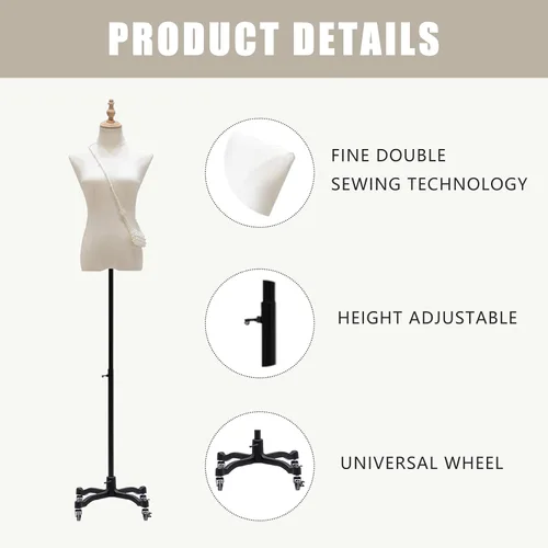 Miniatura 3 de Vestido de maniquí femenino con ruedas, altura ajustable de 51 a 75 pulgadas, cuerpo de torso de maniquí, superficie de maniquí de costura hecha