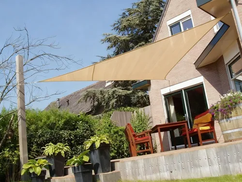 Toldo tipo vela triangular de 14 x 14 x 14 pies, color arena, para jardín, terraza, piscina, patio, pérgola, patio trasero, caja de arena, sombra