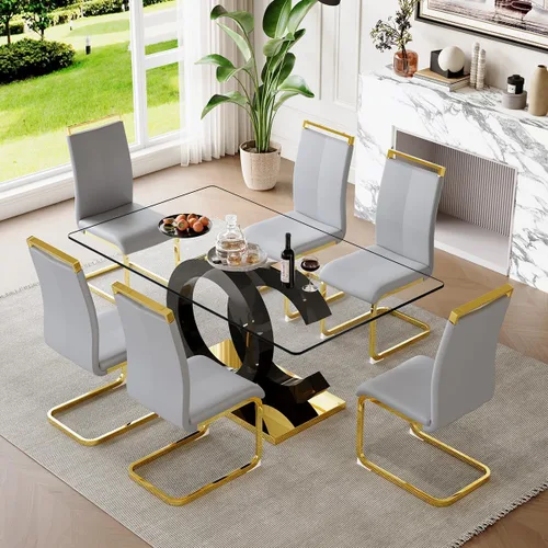 Miniatura 57 de gopop Mesa de comedor de cristal de 63 pulgadas, mesa de cocina moderna, mesa de comedor de vidrio transparente con patas de diseño único negro