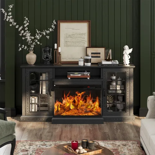 Miniatura 9 de MXV - Soporte de chimenea para TV de 59 pulgadas, centro de entretenimiento estilo granja con soporte de TV de 3 lados de vidrio, consola multimedia