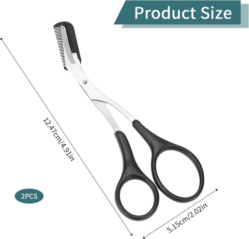 Miniatura 5 de KALIONE Tijeras profesionales para recortar cejas con peine, acero inoxidable, negro, ambidiestro, borde recto, 2 unidades, perfectas para hombres