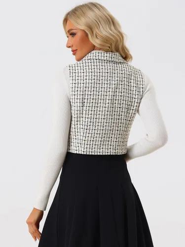 Miniatura 4 de Allegra K Chaleco a cuadros con solapa con muescas vintage sin mangas Tweed Crop Jacket