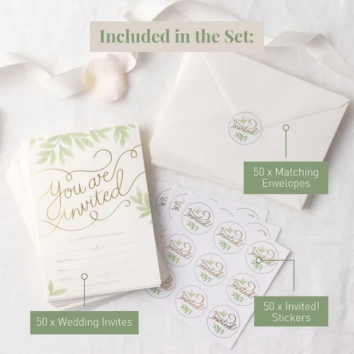 Miniatura 6 de Rileys & Co Paquete de 50 tarjetas de invitación de boda con sobres, calcomanías incluidas, impresión de lámina dorada y diseño de hojas, 5 x 7