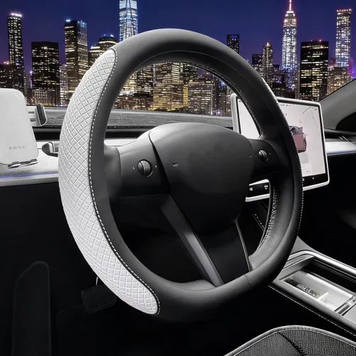 Miniatura 9 de SEG Direct - Cubierta para volante de base plana en forma de D, de 14-14 1/4 pulgadas para Tesla Model 3 / Y, para Camaro, cuero de microfibra negro