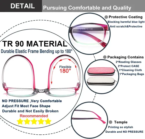 Miniatura 9 de EYEURL Gafas de lectura para mujer, paquete de 2 unidades, con bloqueo de luz azul, filtro ligero, rayos UV/deslumbramiento, antifatiga ocular, 0.5